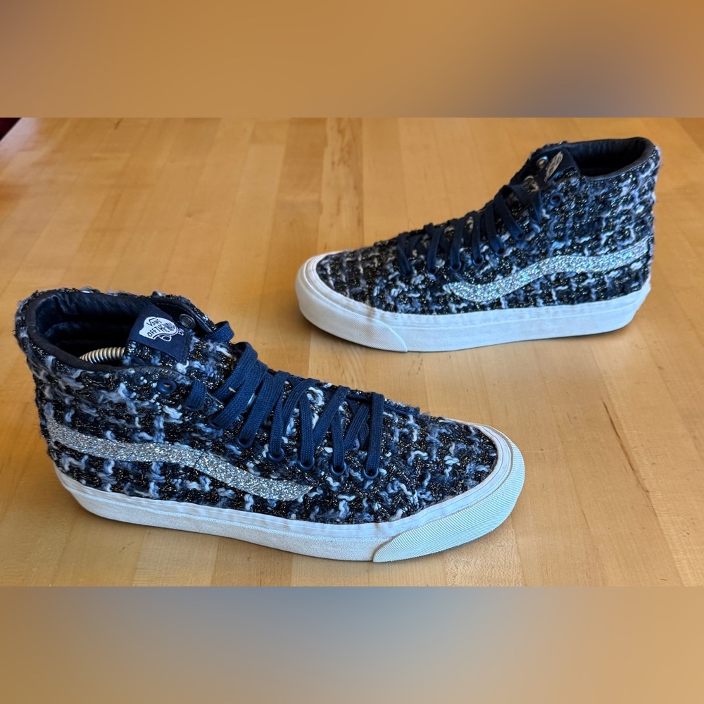 VANS x BARNEYS SK8 NEW YORK BLUE BLACK TWEED SNEAKERS SILVER GLITTER SIZE 10 EUC
